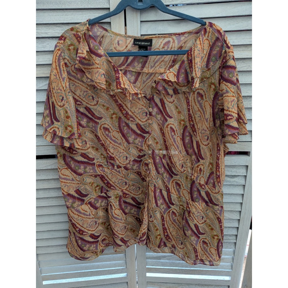 Lane Bryant Women 26/28 Paisley Ruffle Flutter Sleeve Metallic Sheer Blouse Top